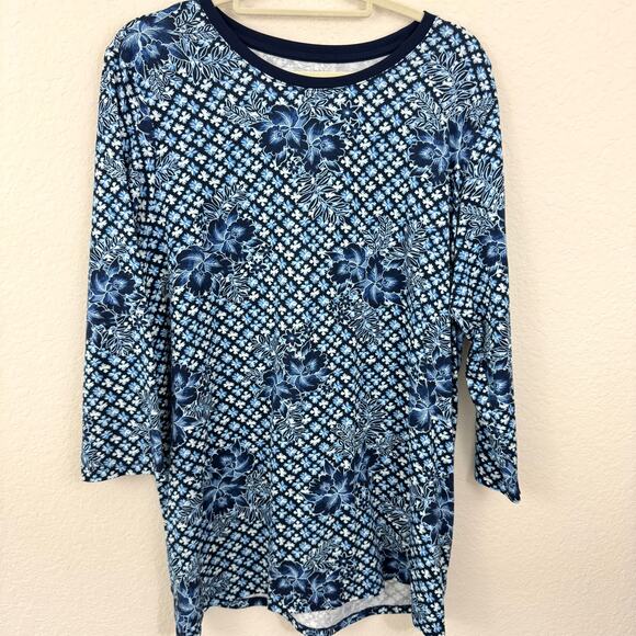 Lands' End Womens T Shirt Top Size XL 100% Cotton Tropical Floral  Blue - Picture 1 of 6
